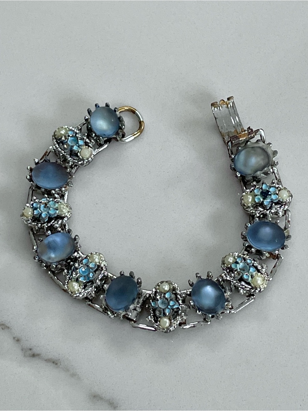 Vintage 1960s Floral Rhinestone and Moonstone Link Charm Bracelet